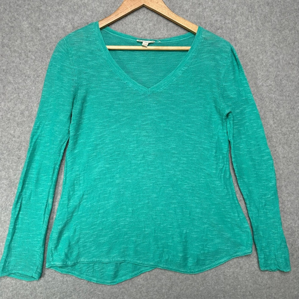 Eileen‎ Fisher Organic Linen Cotton V-Neck Sweater Teal Green XS Long Sleeve
